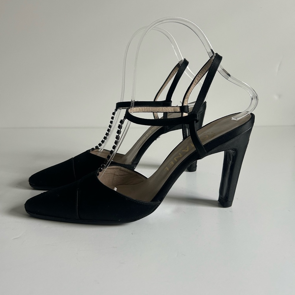 CHANEL Vintage Black Silk Satin T-Strap Heels Rhinestone Detail Karl Lagerfeld - Picture 7 of 13